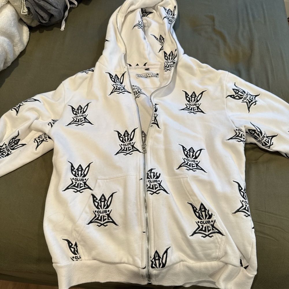 White Zip-Up Hoodie with Black Graphics